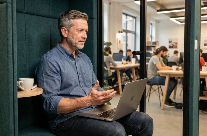 Freelance en visioconférence dans une cabine acoustique privée d'un espace de coworking à Bruxelles
