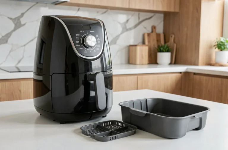 Friteuse sans huile compacte démontée sur plan de travail blanc avec panier et grille prêts pour le lave-vaisselle