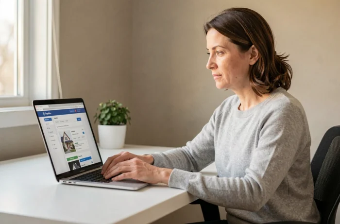 Femme gérant son compte copropriété MyFoncia sur un ordinateur portable dans un bureau à domicile