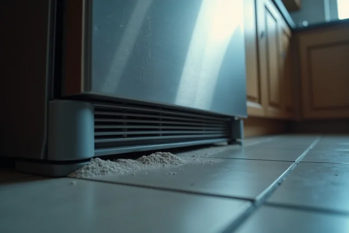 Grille de ventilation encrassée en bas d'un réfrigérateur en inox avec accumulation de poussière