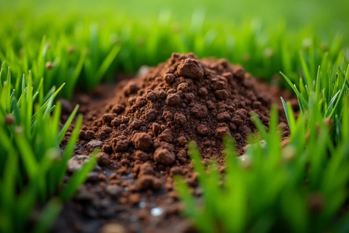 Gros plan sur des granulés d'engrais organique naturel dispersés sur des brins d'herbe verte avec des gouttes de rosée