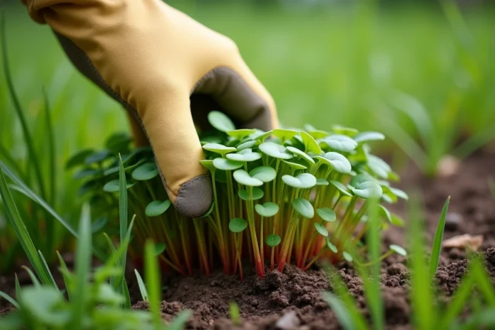 Gros plan sur des plants de pourpier dans la pelouse avec une main gantée prête à les arracher