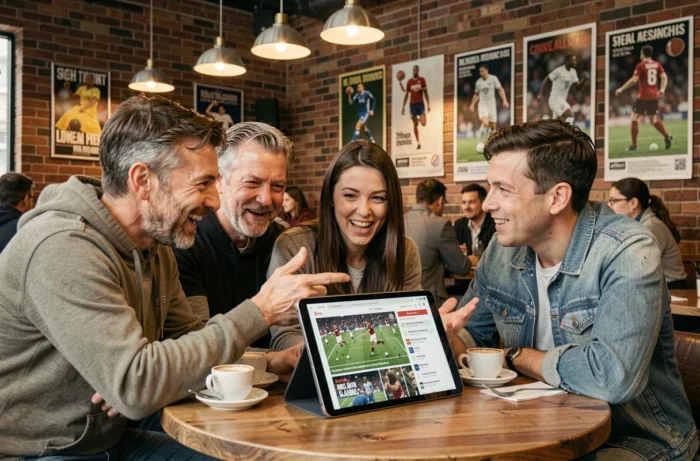 Groupe d'amis discutant de l'actualité sportive sur une tablette dans un café urbain animé