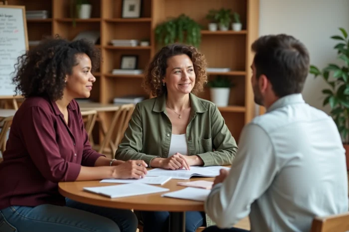 Groupe de parents réunis autour d'une table pour partager des conseils et ressources sur l'éducation des enfants