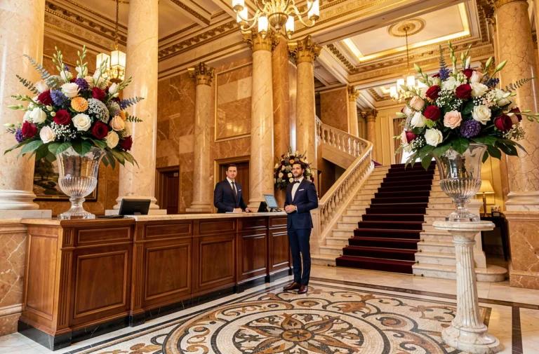 Hall d'entrée majestueux d'un hôtel de luxe 8 étoiles avec colonnes en marbre, arrangements floraux et concierge en uniforme