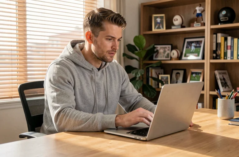Homme consultant des sources d'informations sportives en ligne sur un ordinateur portable dans un bureau à domicile