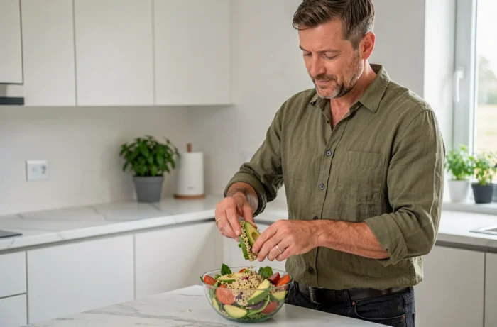 Homme préparant un repas équilibré et nutritif dans une cuisine moderne pour prendre soin de sa santé