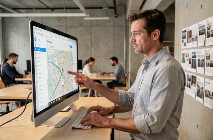 Homme analysant le plan de navigation d'un magazine en ligne sur un grand écran dans un espace de coworking