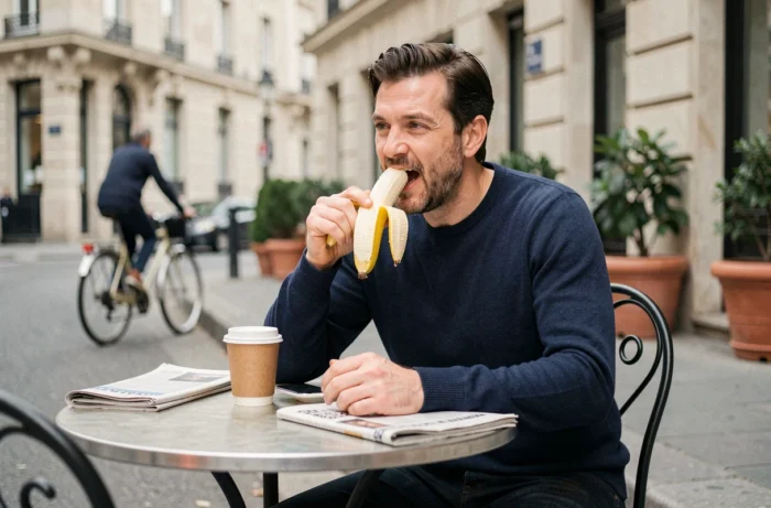 Homme mangeant une banane au petit déjeuner en terrasse de café dans une rue parisienne