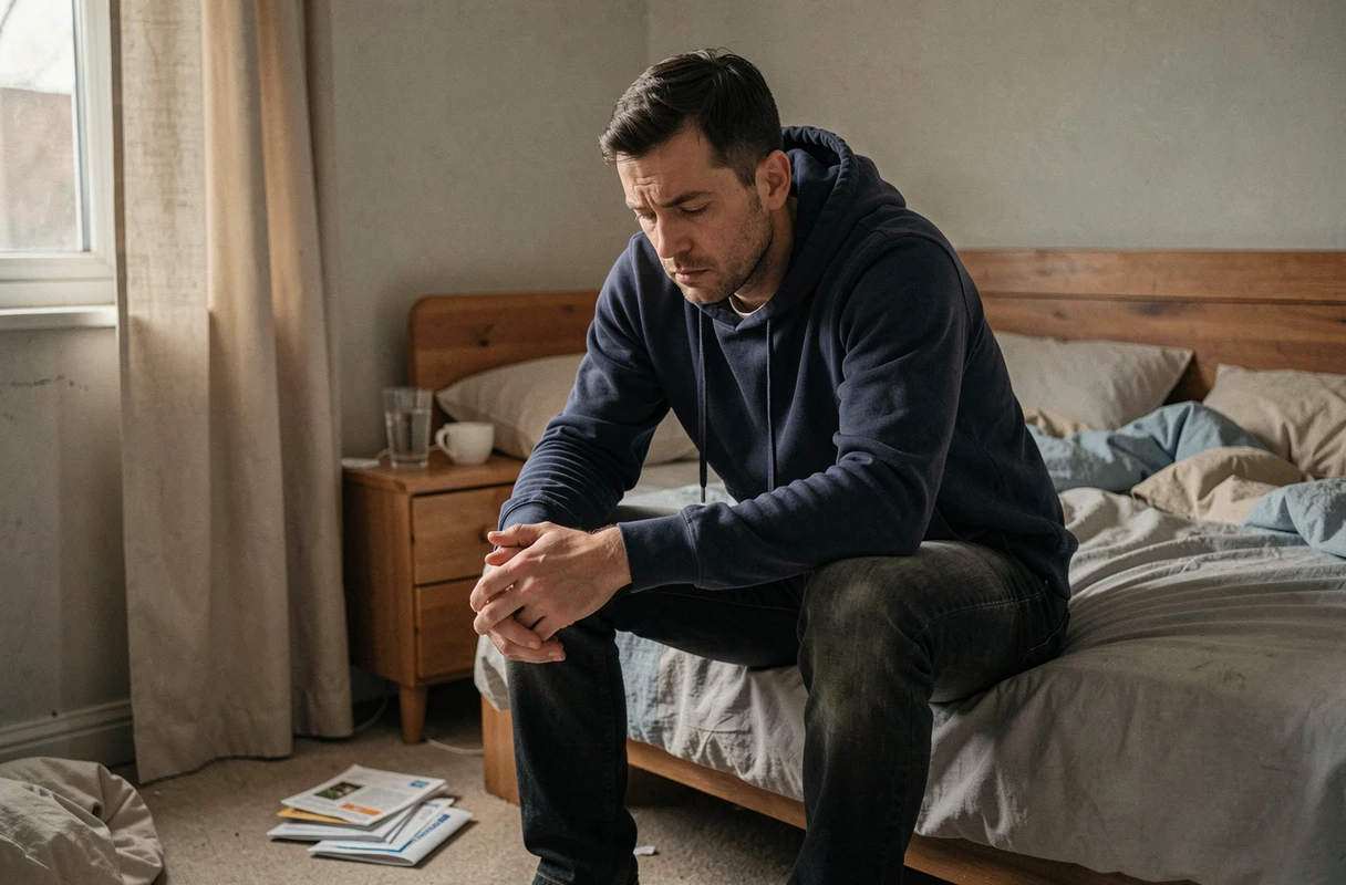 Homme en burn out assis seul sur son lit avec expression de détresse et isolement émotionnel