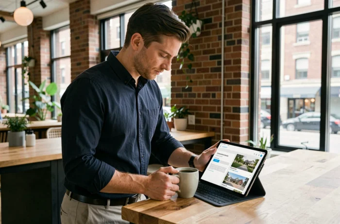 Jeune homme comparant des annonces de location immobilière sur une tablette dans un appartement urbain moderne