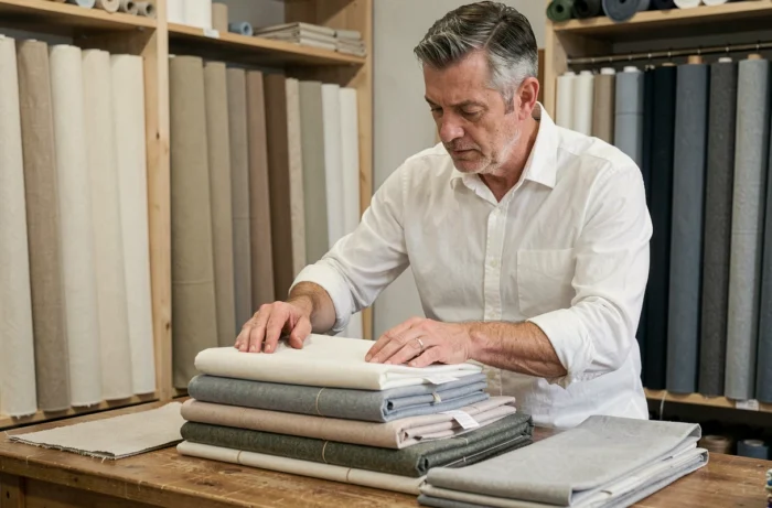 Homme comparant des tissus en coton et en flanelle dans une boutique de textiles artisanale