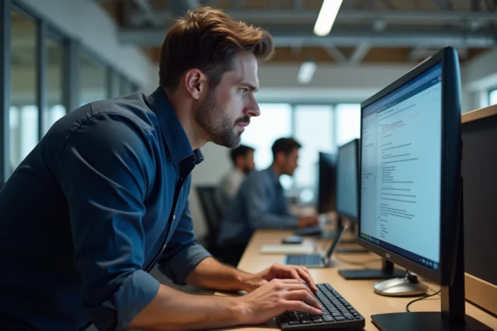 Homme en chemise bleue configurant les paramètres SMTP et IMAP d'une messagerie IONOS sur un grand écran en open space