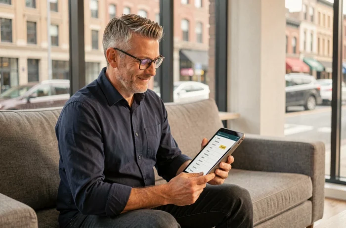 Homme consultant la carte d'un site de cinéma sur une tablette numérique dans un salon moderne
