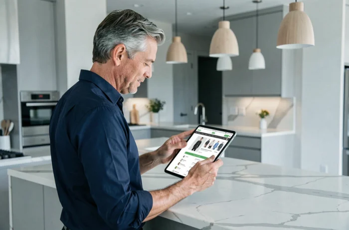 Homme consultant le plan de navigation d'un site de mode sur une tablette dans une cuisine moderne