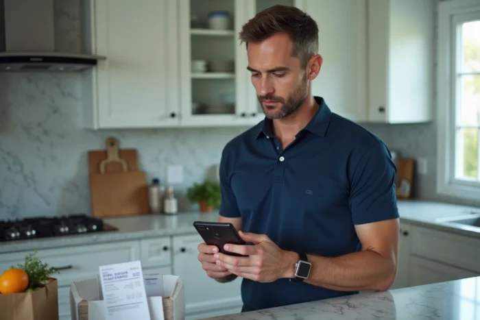 Homme vérifiant une facture de supermarché Carrefour sur smartphone dans une cuisine moderne