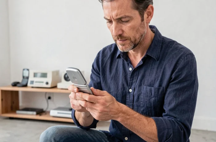 Homme tenant un Motorola Razr V3 argenté ouvert dans ses mains avec une expression nostalgique dans un appartement minimaliste