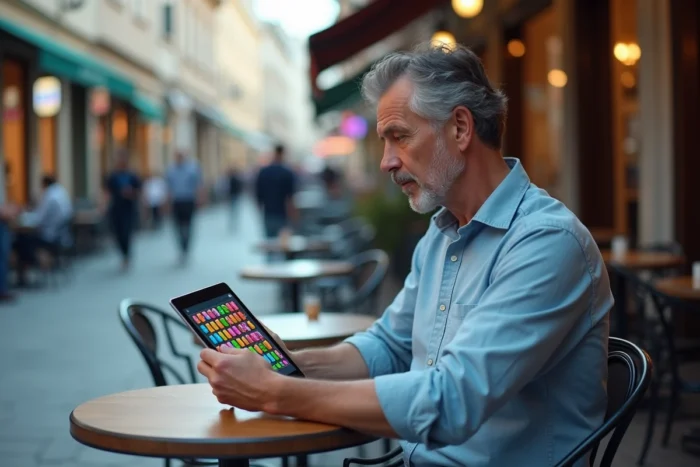 Homme consultant les niveaux d'un jeu mobile sur tablette en terrasse de café, avec une carte de progression visible