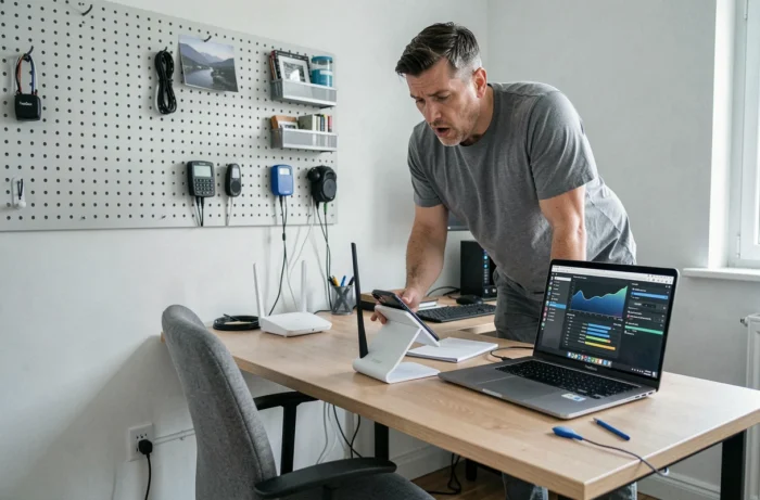 Homme configurant sa Freebox Pop avec la commande vocale Ok Google depuis son bureau à domicile