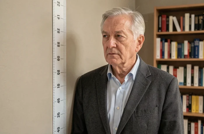 Homme politique senior français en veste grise près d'une référence de taille dans un bureau minimaliste