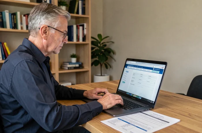 Homme cherchant son code NAN CESU sur un site gouvernemental depuis son bureau à domicile