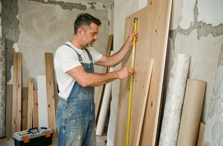 Homme en salopette mesurant un panneau de bois dans une pièce en cours de rénovation