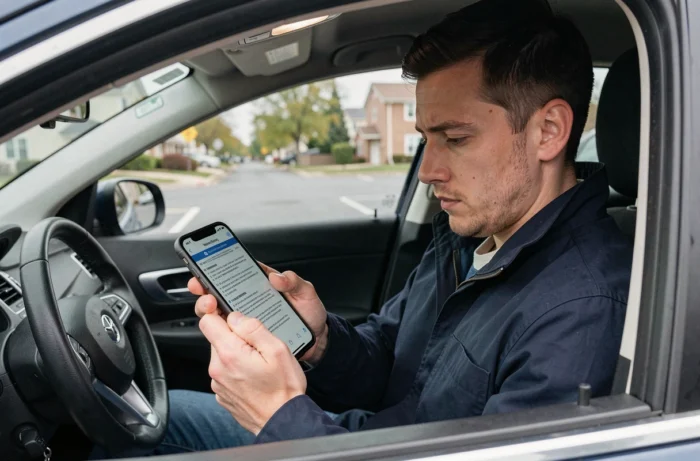 Homme consultant sur smartphone un fichier PDF de questions de vérification pour le permis de conduire dans une voiture