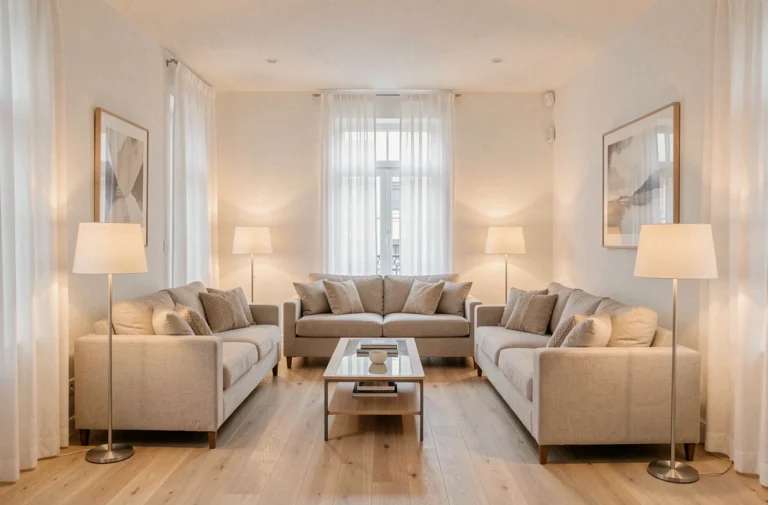 Salon lumineux avec plusieurs sources d'éclairage à différentes hauteurs, murs blancs et parquet clair pour maximiser la clarté