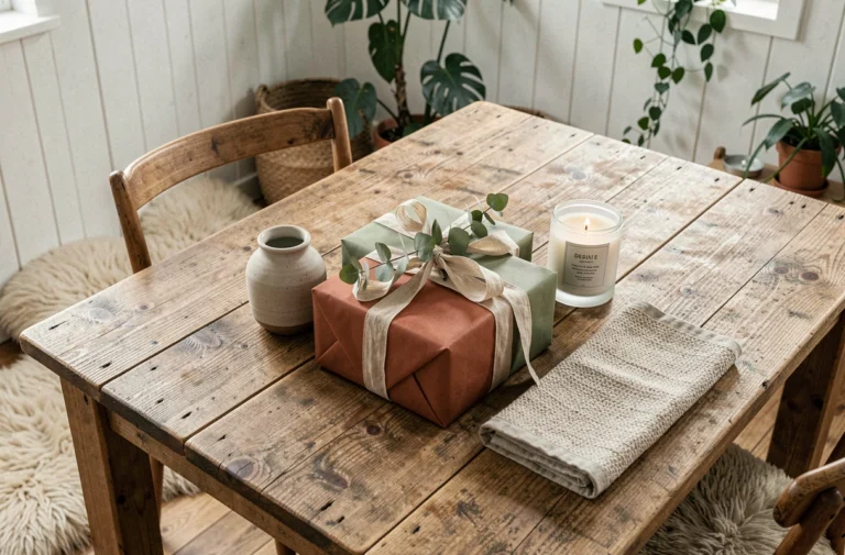 Idées cadeaux élégantes disposées sur une table en bois rustique avec objets décoratifs, vase en céramique et bougie parfumée dans un intérieur scandinave