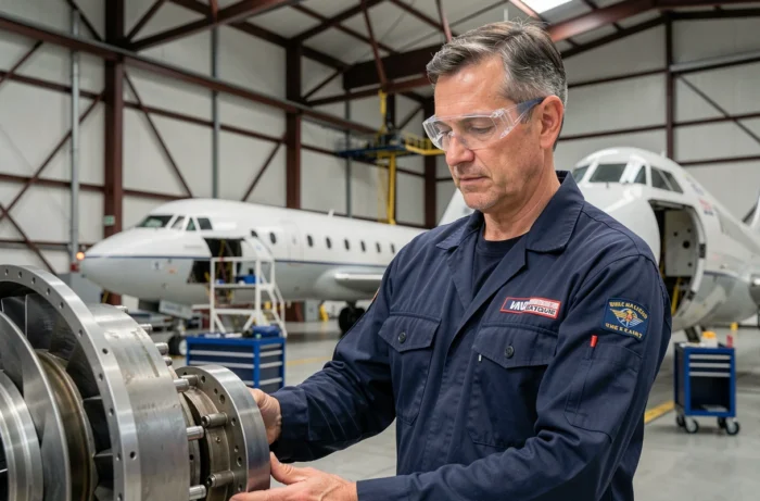 Ingénieur aéronautique inspectant un réacteur dans un hangar de maintenance d'aéronef