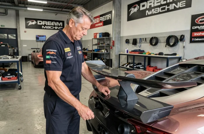 Ingénieur automobile inspectant la Dream Machine dans le garage du paddock au Mans