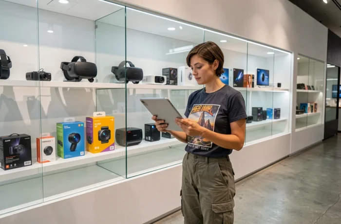Une femme découvre les dernières innovations technologiques devant un mur d'exposition de gadgets high-tech dans un concept store moderne