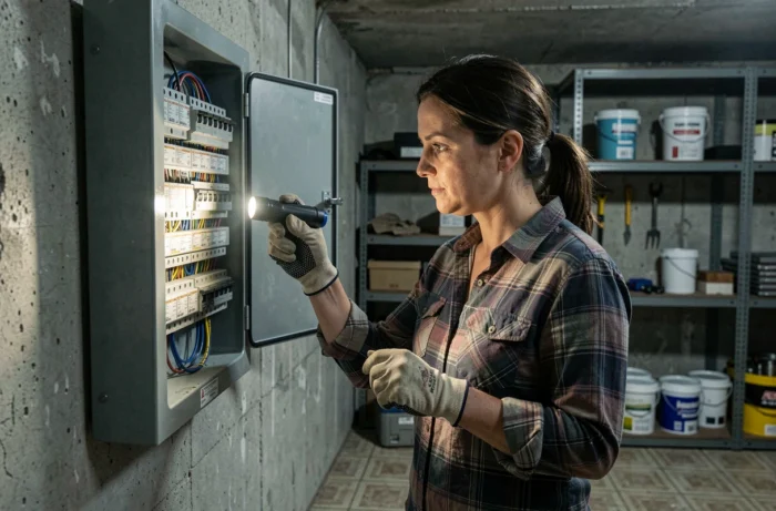 Une femme inspecte un disjoncteur dans un tableau électrique lors d'une panne électrique urgente à la maison