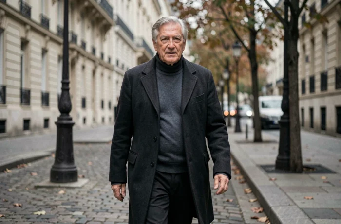 Intellectuel politique français âgé en manteau sombre marchant sur un trottoir parisien en automne