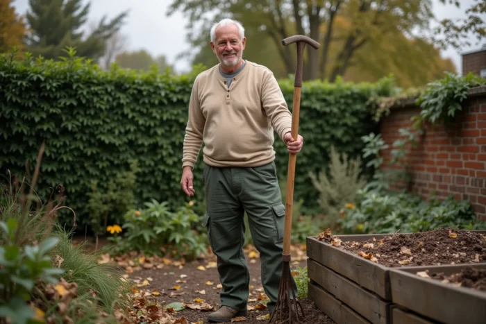 Homme retournant du compost dans un bac en bois au fond d'un jardin en automne pour un jardinage écologique