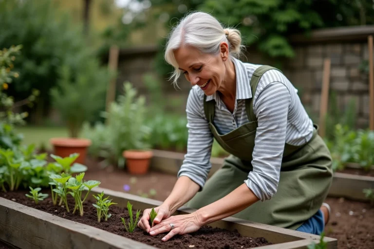 Femme jardinant au naturel en train de planter des jeunes plants dans un potager surélevé en bois au printemps