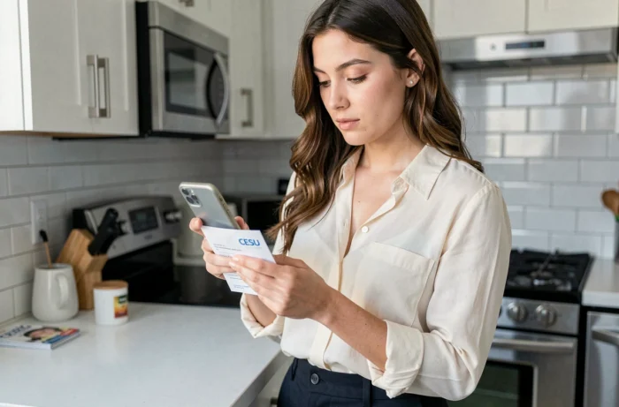 Jeune femme consultant son smartphone en tenant un carnet de chèques CESU dans sa cuisine moderne