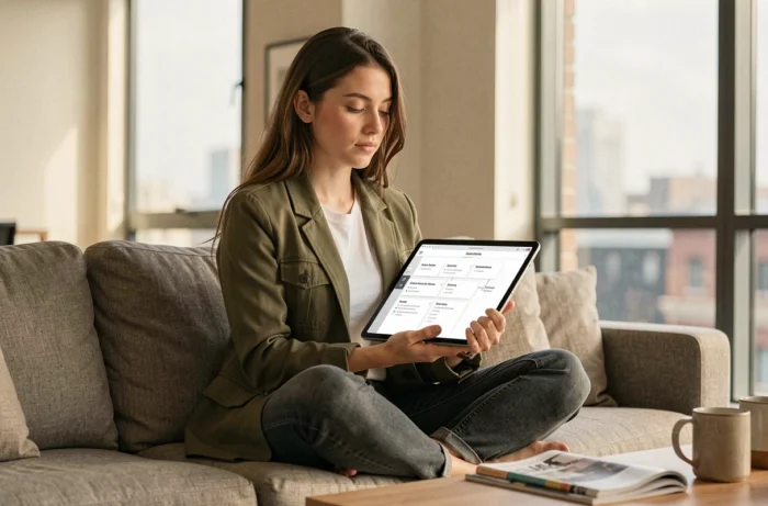 Jeune femme consultant le plan du site d'un magazine sur une tablette dans un salon contemporain
