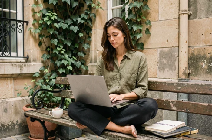 Jeune femme entrepreneuse travaillant sur son ordinateur portable dans une cour parisienne pittoresque