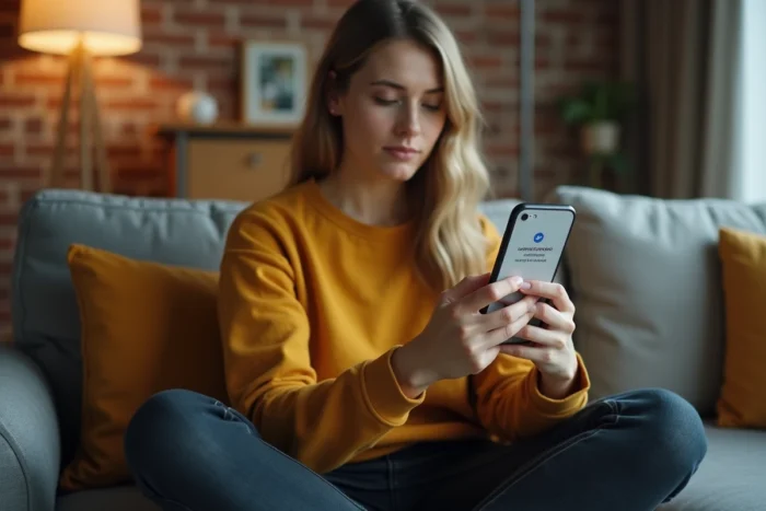 Jeune femme sur un canapé consultant une erreur de connexion sur l'application mail IONOS de son smartphone