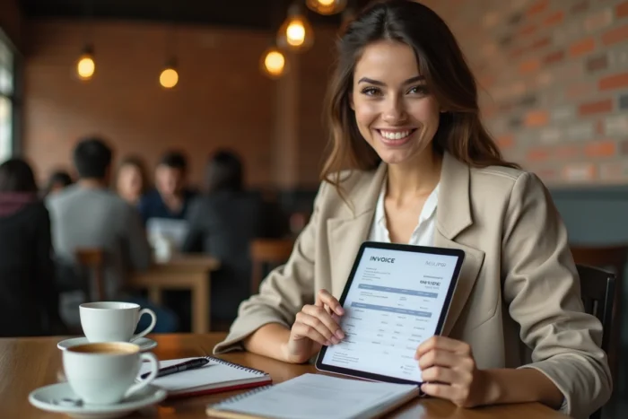 Jeune femme consultant une facture Carrefour en ligne sur tablette dans un café