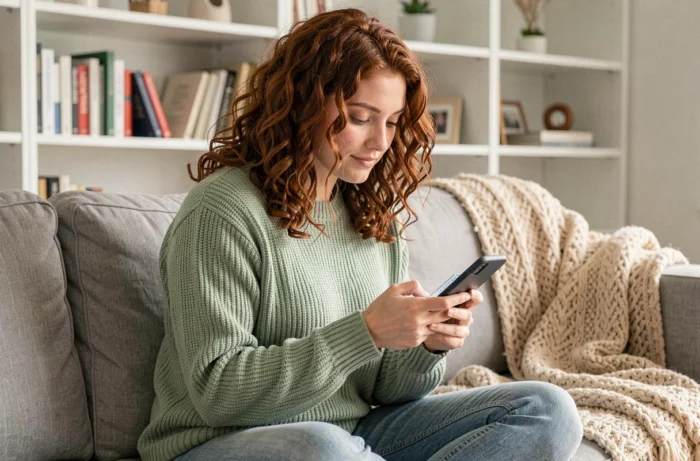Jeune femme explorant le plan du site d'une boutique de mode sur smartphone dans un salon cosy