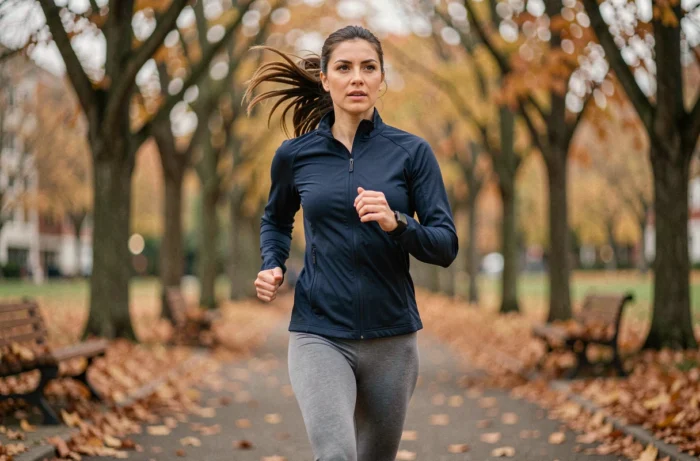 Jeune femme faisant du jogging dans un parc urbain en automne pour adopter un mode de vie actif et sain