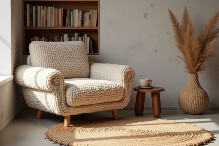 Fauteuil en laine bouclée ivoire et tapis tissé main en tons avoine dans un coin lecture contemporain avec bibliothèque intégrée et mur en enduit naturel