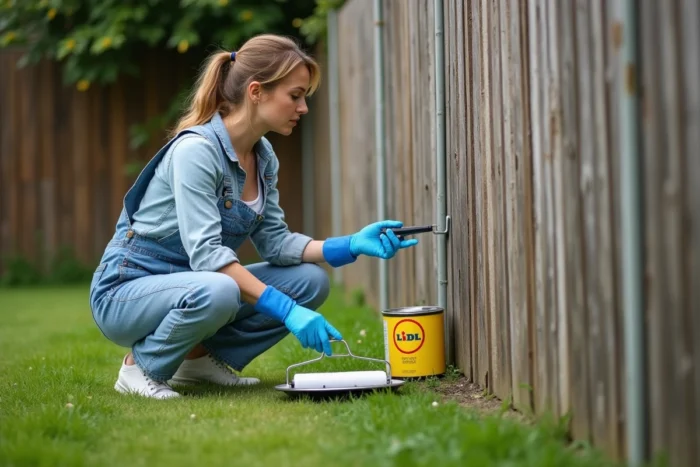 Femme appliquant la lasure polyuréthane Parkside Lidl sur une clôture en bois dans un jardin résidentiel