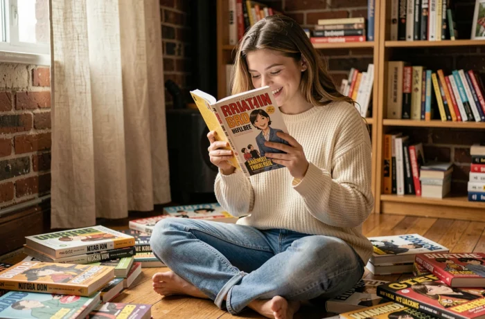 Jeune femme lisant un manga Nana d'Ai Yazawa entourée de volumes éparpillés dans un appartement cosy