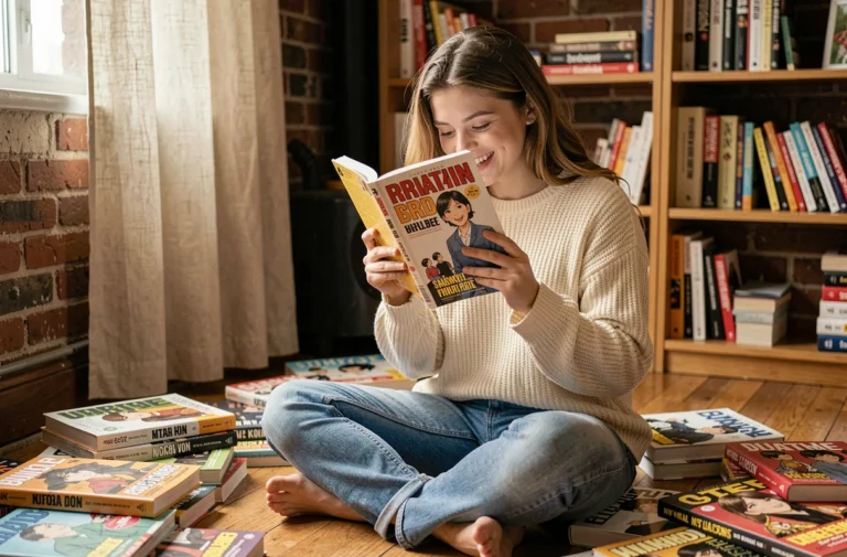 Jeune femme lisant un manga Nana d'Ai Yazawa entourée de volumes éparpillés dans un appartement cosy