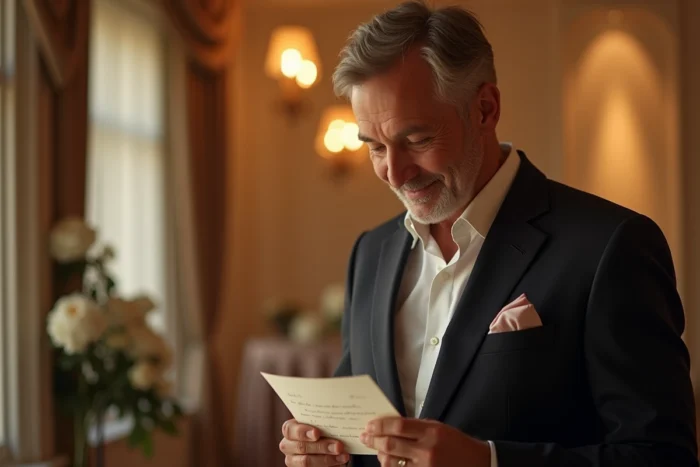 Un père en costume glissant une lettre manuscrite de sa poche lors de la réception de mariage