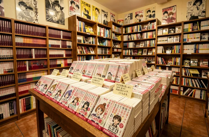 Présentoir de mangas shojo en librairie indépendante spécialisée avec recommandations manuscrites