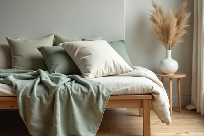 Coussin et jeté en lin lavé aux tons écru et sauge posés sur un banc en chêne brut dans un intérieur épuré avec mur en enduit naturel